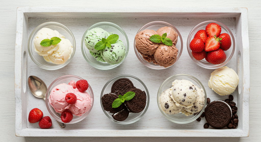 Six different ice cream flavor variations in small glass bowls showing recipe versatility