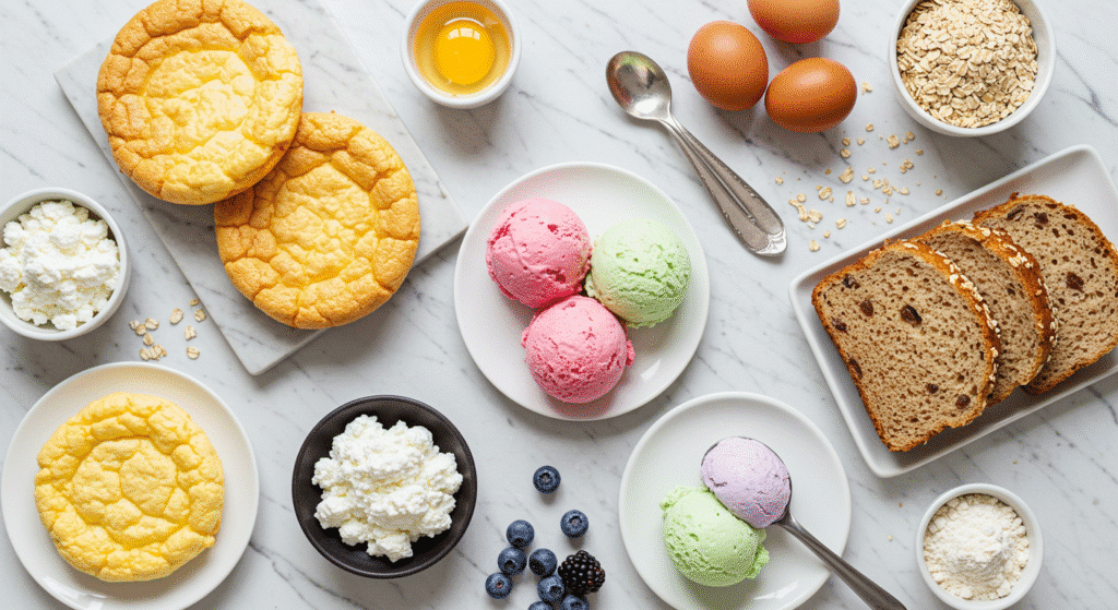Various 3 ingredient breakfast recipes including cloud bread, cottage cheese ice cream, and fresh ingredients