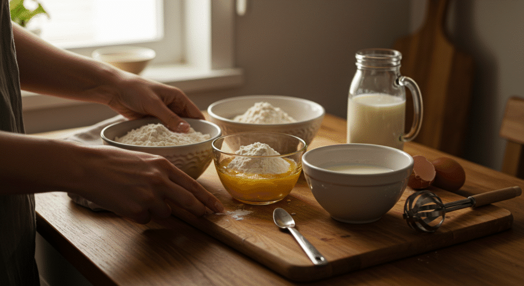 Simple breakfast ingredients - eggs, flour, and milk - being prepared for 3 ingredient recipes