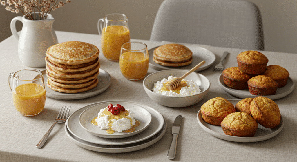 Beautiful breakfast table showcasing multiple 3 ingredient breakfast recipes and dishes