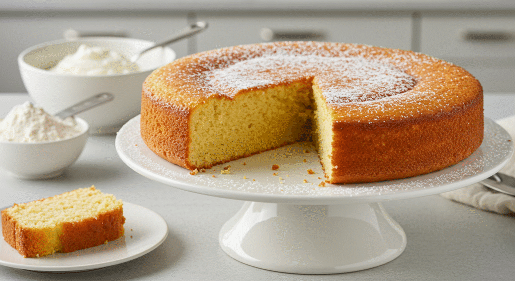 Golden 3-ingredient Greek yogurt cake on white cake stand with ingredients displayed