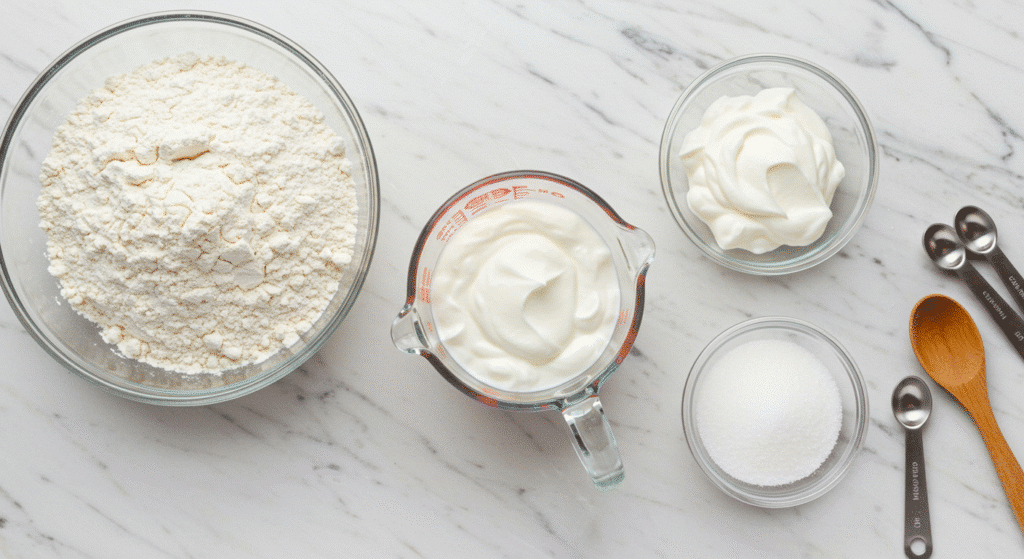 Three ingredients for Greek yogurt cake laid out on marble counter - flour, yogurt, and sugar