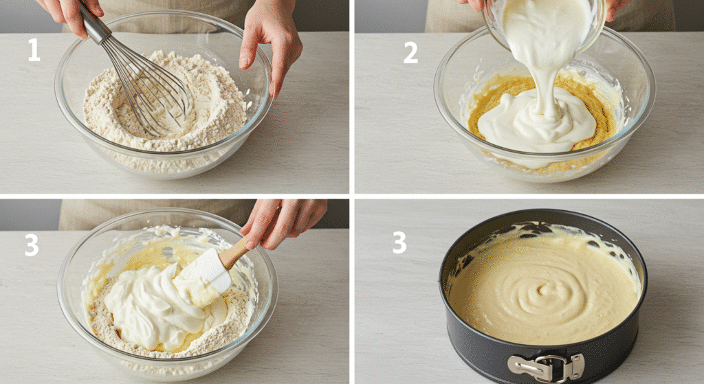 Four-panel step-by-step process of making Greek yogurt cake from mixing to pan
