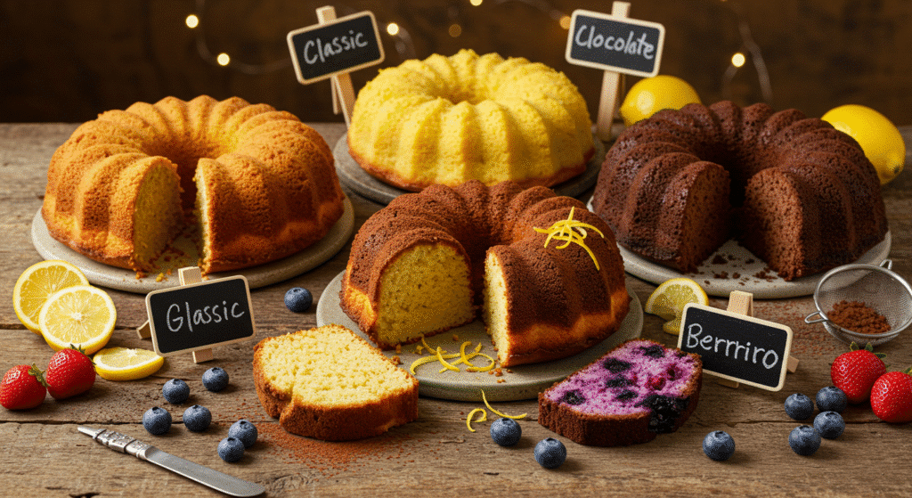 Four Greek yogurt cake variations displayed - classic, chocolate, lemon, and berry versions