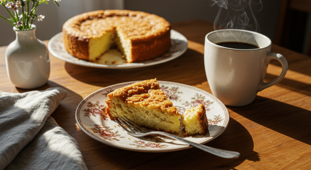 Slice of Greek yogurt cake on vintage plate with coffee cup in cozy morning setting